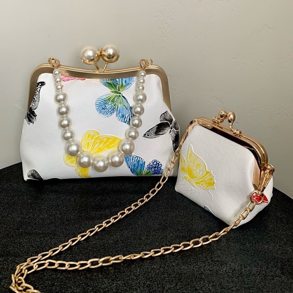 Handmade Genuine Leather Butterfly Embossed Kisslock Clutch with Small Purse Set